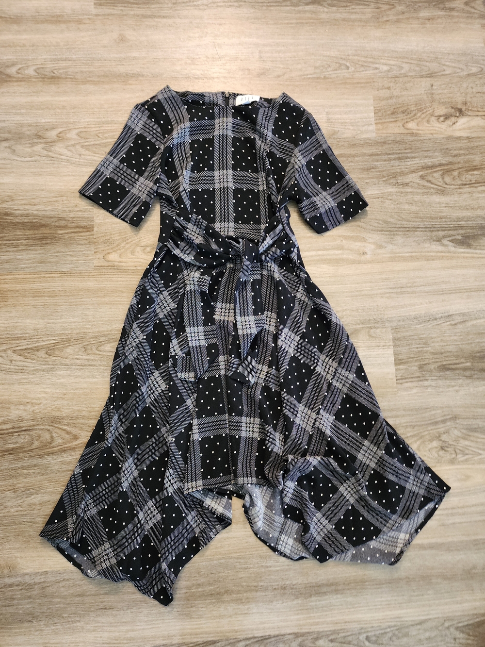 Elle Black Plaid & White Polka Dot Tie-Waist Dress
